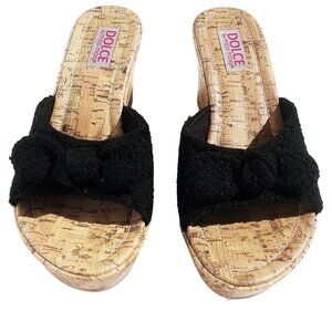 Dolce By Mojo Moxy Women's Sandals Size 11M Cork Wedge Bow Detail Black Shoes